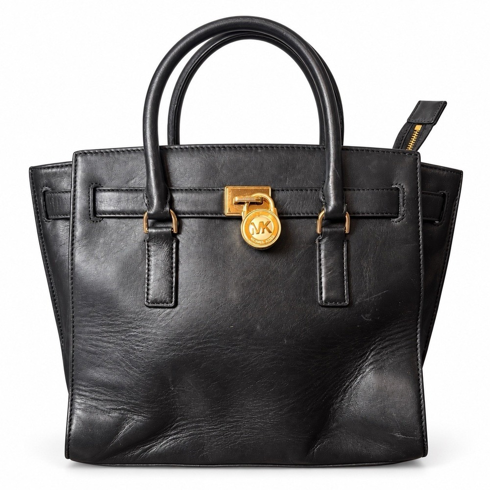 Michael Kors Hamilton Black Leather Tote Satchel Gold Lock Handbag No Strap
